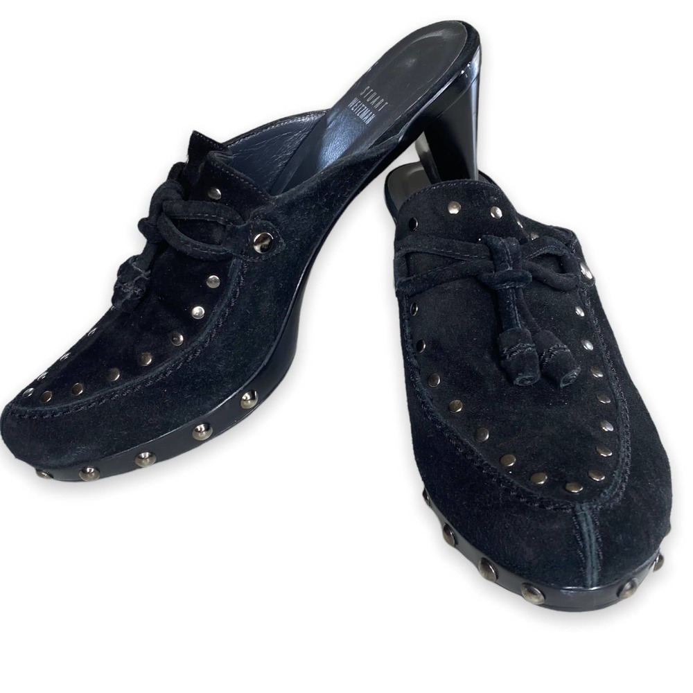 Stuart Weitzman Black Suede Studded Mules Size 7